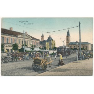 1909 Nagyvárad, Oradea; Szent László tér, piac, villamos, Rosenberg József férfi szabó üzlete. Kapható Vidor Manónál ...