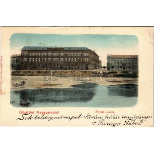 1905 Nagyvárad, Oradea; Főreáliskola, kiszáradt Körös folyó. Schönfeld Sámuel kiadása / school, dried up river Cris (EK...