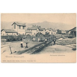 1911 Petrozsény, Pterosani; pályaudvar, Vasúti mozdonyfordító, fordítókorong a vasútállomáson, vonatok...