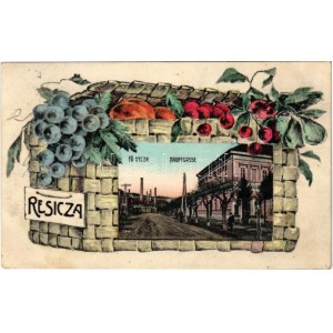 1916 Resica, Resita; Fő utca, gyár. Braumüller L. kiadása, szecessziós montázs gyümölcskosárral / Hauptgasse ...
