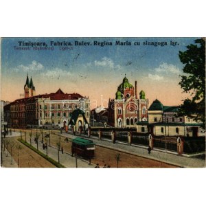 1924 Temesvár, Timisoara; Fabrica. Bulev. Regina Maria cu sinagoga isr. / Gyárváros. Liget út, Izraelita templom...