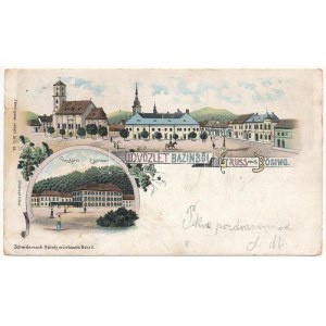 1900 Bazin, Bösing, Bözing, Pezinok; Fő tér, Vasfürdő, templom / Eisenbad / main square, church, spa...