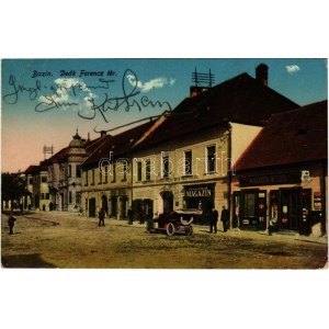 1915 Bazin, Bösing, Bözing, Pezinok; Deák Ferenc tér, Magazin pálinka raktár, autó...