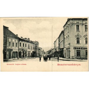 Besztercebánya, Banská Bystrica; Kossuth Lajos utca, Holesch Árpád üzlete, dohány tőzsde, gyógyszertár / street, shops...