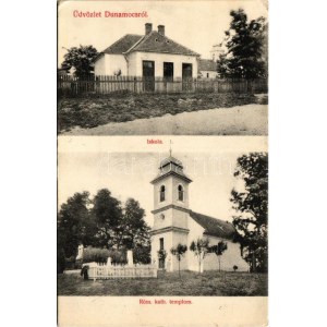 1908 Dunamocs, Mocs, Moca; iskola, római katolikus templom. Zajos Mihály kiadása / school, church (EK...