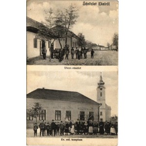 1908 Ekel, Okolicná na Ostrove; utca, Református templom, Kelner Ignác üzlete és saját kiadása / street...