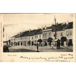 1905 Eperjes, Presov; Fő utca, Lefkovits Emil, Krausz R., Goldberger Márk üzlete, Kassai sörcsarnok. Divald ...