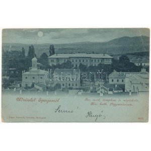 1900 Eperjes, Presov; Izraelita neológ templom és népiskola este, zsinagóga / synagogue and school at night (EK...