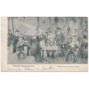 1905 Érsekújvár, Nové Zámky; Pályaudvari cigány zenekar a vasútállomás vendéglőjében, cimbalom. Uhl Erzsébet kiadása ...
