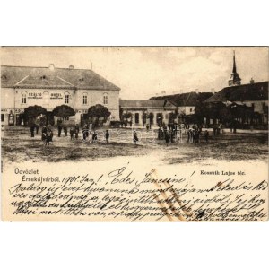1901 Érsekújvár, Nové Zámky; Kossuth Lajos tér, Szálló az Arany Oroszlánhoz, bor és sör mérés, Adler üzlete...