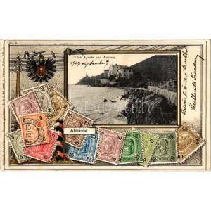 1909 Abbazia, Opatija; Villa Ayrem und Austria. Szecessziós dombornyomott litho montázs bélyegekkel és címerrel ...