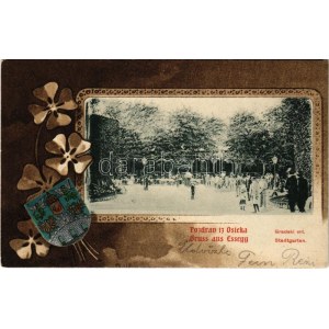 1903 Eszék, Esseg, Osijek; Gradski vrt / Stadtgarten / Városi park. Címeres szecessziós litho keret...