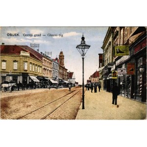 1918 Eszék, Osijek, Essegg; Gornji grad, Glavni trg / tér, Turul cipő és Hermina Ackerhalt üzlet / square...