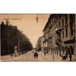 Zagreb, Zágráb; Zrinjski trg, Zubar / Zrínyi tér, hirdetőoszlop, fogorvos. Vasúti levelezőlapárusítás 6980. / square...