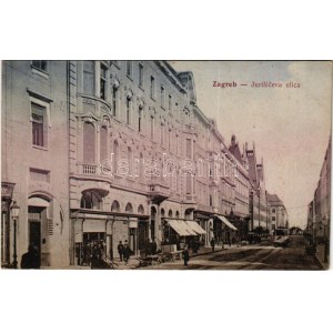 1912 Zagreb, Zágráb; Jurisiceva ulica / street, shops, tram / utca, üzletek, villamos (Rb)