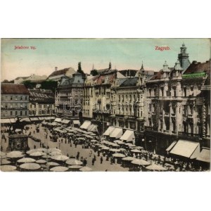 1913 Zagreb, Zágráb; Jelacicev trg, Dr. Milivoj Jambrisak / piac, fogász, Berger reklám a tetőn / market, shops...