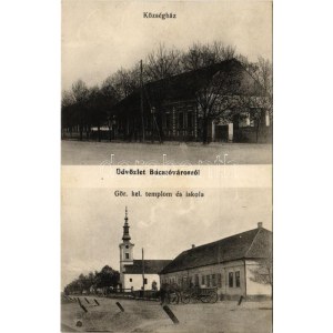 1913 Bácstóváros, Tovarisevo (Palánka); községháza, Görög keleti templom és iskola / town hall...