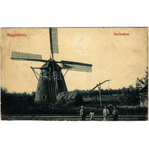 1909 Nagykikinda, Kikinda; szélmalom, vasúti sín, gémeskút. W.L. Bp. 2138. / windmill, railway track, shadoof (r...