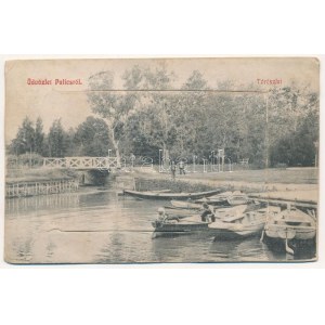 1908 Palics, Palic; tó részlet, csónak kikötő. Hiányos leporello egy képpel (Krausz Ármin üzlete). Özv...