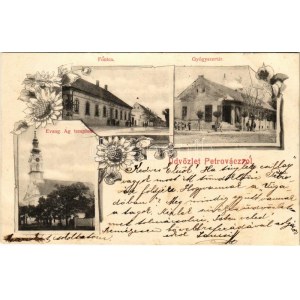 1899 (Vorläufer) Petrőc, Backi Petrovac; Fő utca, Evangélikus templom, gyógyszertár / Hlavna ulic, Evanj. kostol...