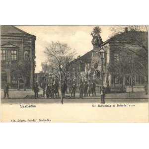 Szabadka, Subotica; Szentháromság szobor, Battyání utca, üzlet / Trinity statue, street, shop