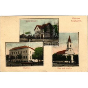 1912 Szépliget, Schönau, Gajdobra; vasútállomás, népiskola, Római katolikus templom. Tiefenbach József kiadása ...