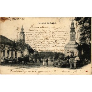 1907 Verbász, Vrbas; Fő tér, templomok, lovaskocsik. D. Pavlovits kiadása / main square, churches, horse carts (EK...