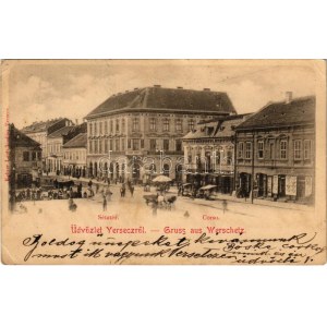 1902 Versec, Vrsac; Sétatér, piac, Lövenstein & Győri, Brüder Walke, Wassermann és Svetozer üzlete, lóvasút / Corso ...