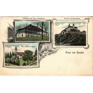 1907 Fraknó, Forchtenstein; vár, Karl Wutzlhofer vendéglője, Rozália kápolna / Schloss, Gasthaus, Sct. Rosalia Kapelle ...