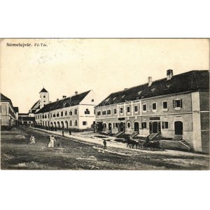 1916 Németújvár, Güssing; Fő tér, Korona szálloda, üzletek. J. Salvachrist kiadása / Hauptplatz / main square, hotel...