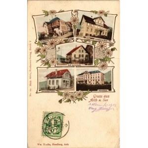1902 Arth am See, Postgebäude, Schlosserei Ulrich, Restaurant Gartenlaube, Badeanstalt Mettler, Waisenhaus ...
