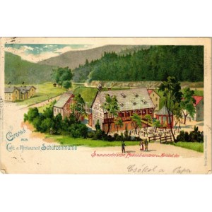 1904 Brezová, Pirkenhammer bei Karlsbad (Karlovy Vary); Gruss aus Café & Restaurant Schützenmühle...