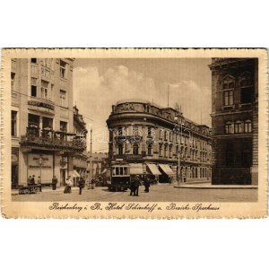 1913 Liberec, Reichenberg; Hotel Schienhoff, Bezirks Sparkasse / savings bank, tram, Josef Mestitz shoe shop...