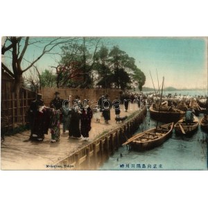 Tokyo, Mukojima, Sumida river side, fishermen's boats, geisha girls
