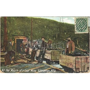 1911 Edmonton (Alta), At the mouth of a coal mine, miners with mine carts. TCV card (creases)