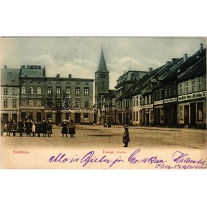 1905 Grodków, Grottkau; Evangel. Kirche, Bäckerei, Carl Riese 50., Heckel 48. Verlag Feodor Stöbe / church, square...