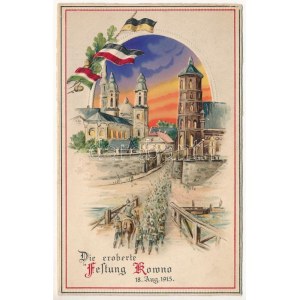 1915 Kaunas, Kowno; Die eroberte Festung / Első világháborús osztrák-magyar és német dombornyomott katonai lap...
