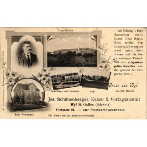 1904 Wil, Wyl (St. Gallen); Jos. Schönberger Kunst & Verlagsanstalt, mein Wohnhaus, Schulhaus und Tonhalle, Asyl...