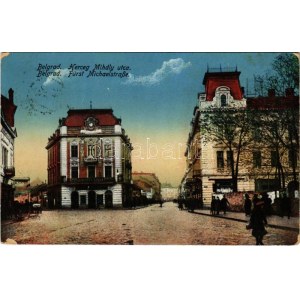 1916 Belgrád, Belgrade, Beograd; Herceg Mihály utca, bank / Fürst Michaelstraße / street view, bank (worn corners...