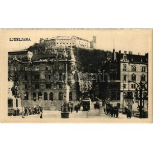 Ljubljana, Laibach; J. C. Mayer, Slavenska Banka / street, shops, tram