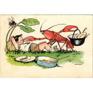 1933 Cserkészt orron csípő homár. A Magyar Cserészszövetség kiadása / Hungarian scout art with lobster s: Márton L. (EK...