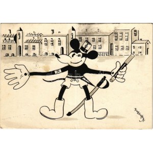 1935 Gumibotos rendőr Mickey egér. Klösz korai Disney képeslap. Hátoldalon Izsák József R.-T. Vegyészeti gyár reklámja ...