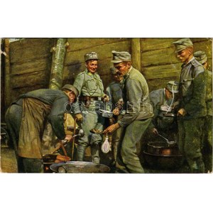 Weltkrieg 1914-1916. Menage-Verteilung im Schützengraben an der Nordostfront. Kilophot 1432. / WWI Austro-Hungarian K.u...