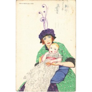 Art Nouveau lady with baby. B.K.W.I. 201-4. s: Mela Koehler (EK)