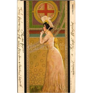 1901 L'Italienne. Serie 653. Nr. 7. / Olasz hölgy. Magyar dombornyomott szecessziós litho művészlap / The Italian lady...