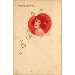 Coeur Dame / Art Nouveau lady with hearts. E.S.D.B. litho s: Carl Józsa (felszíni sérülés / surface damage...