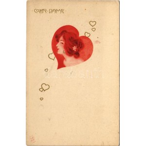 Coeur Dame / Art Nouveau lady with hearts. E.S.D.B. litho s: Carl Józsa (apró lyuk / tiny hole)