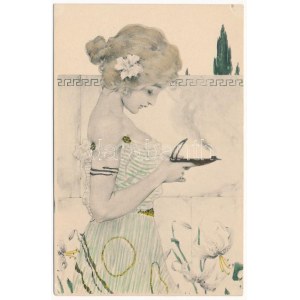 Greek Virgin. Art Nouveau, M.M. Vienne, unsigned Raphael Kirchner