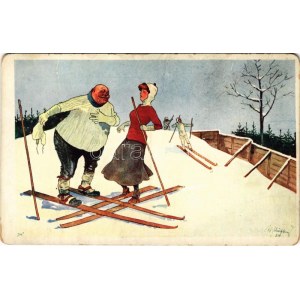 Síelő humor, téli sport / Skiing humour, winter sport. B.K.W.I. 560-4. s: fritz Schönpflug