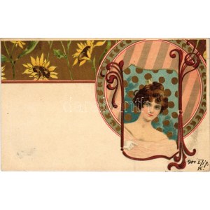 1901 Szecessziós hölgy napraforgókkal / Sunflower lady. Art Nouveau litho